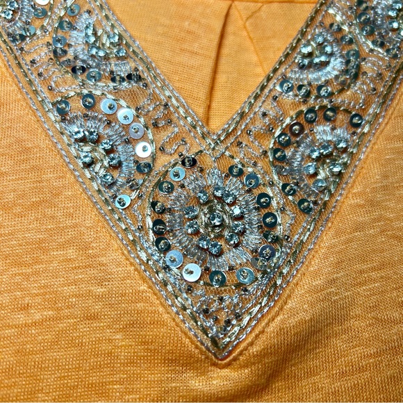 Chico's 100% Linen Orange Sequin V-Neck Long Line Tunic Size Large - Picture 9 of 16